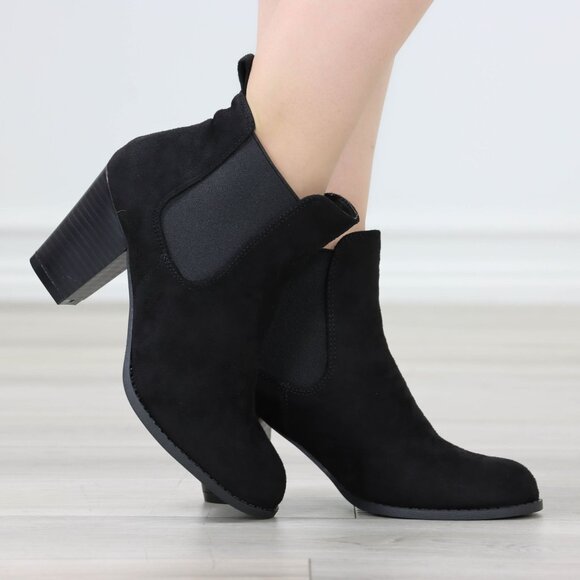 Womens Ankle Boots High Heel Black Elastic Gore Synthetic Suede Round Toe - Picture 10 of 10